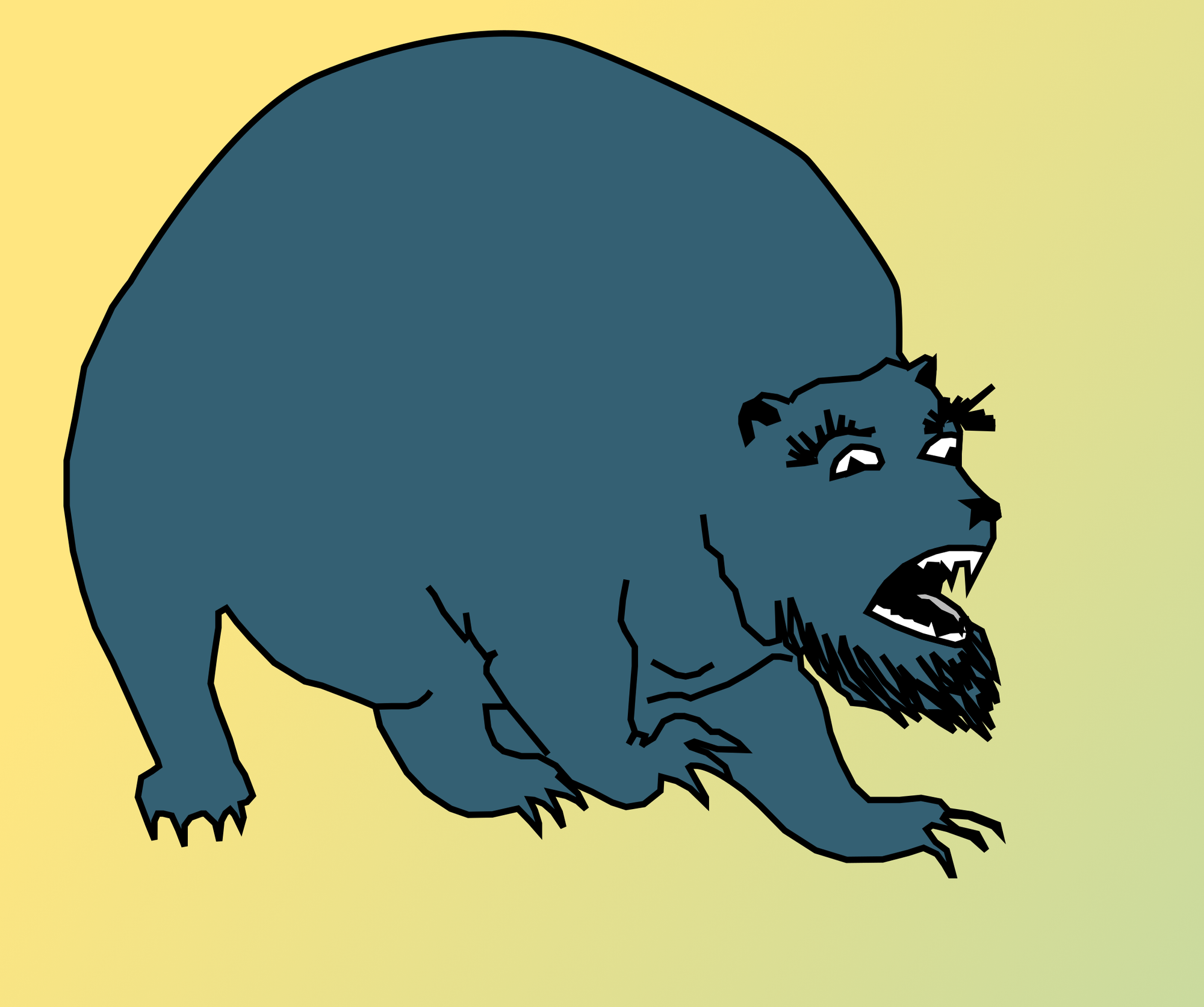 A slightly rough illustration of a big, blue monster on all fours. It has long claws, small ears, big eyelashes, and a beard. It looks like it could easily roll up into a ball.