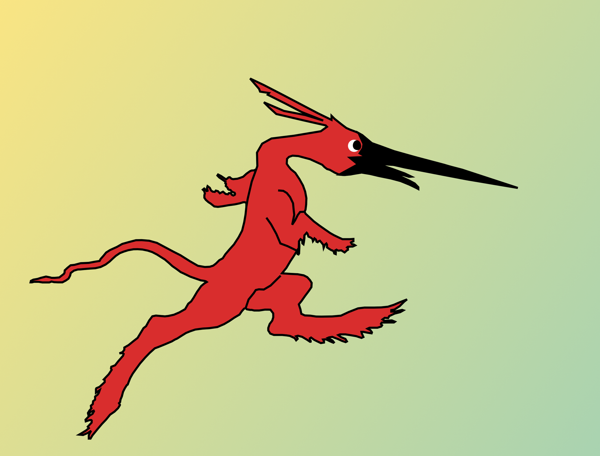 Slightly rough illustration of a running, red monster with a long, black beak. The monster is red, with a long tail, and is running on its hind legs, which are slightly fluffy.