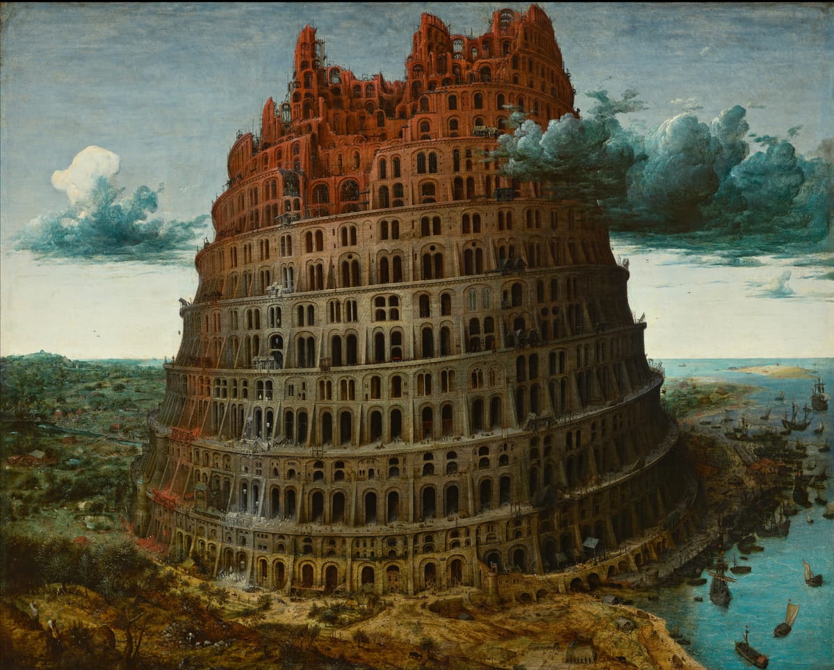 A painting of the tower of Babel. The tower sits at the edge of water, and is largely broken. Clouds are collected around its top.