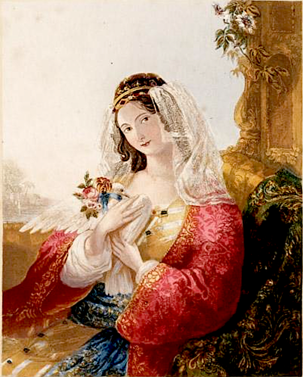 An illustration of an ornately-dressed young woman, holding a beflowered pigeon, with classical surroundings.