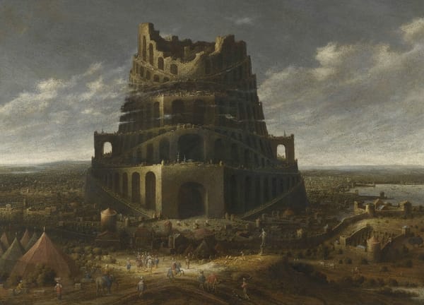 A dark and subdued painting of the tower of babel, its top cracked and broken.